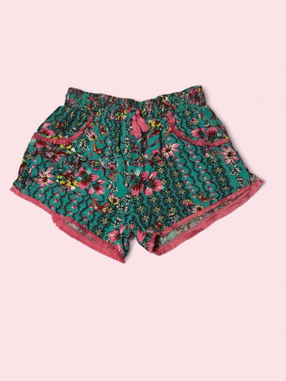Japna Teal Floral Pajama Shorts with Pink Trim